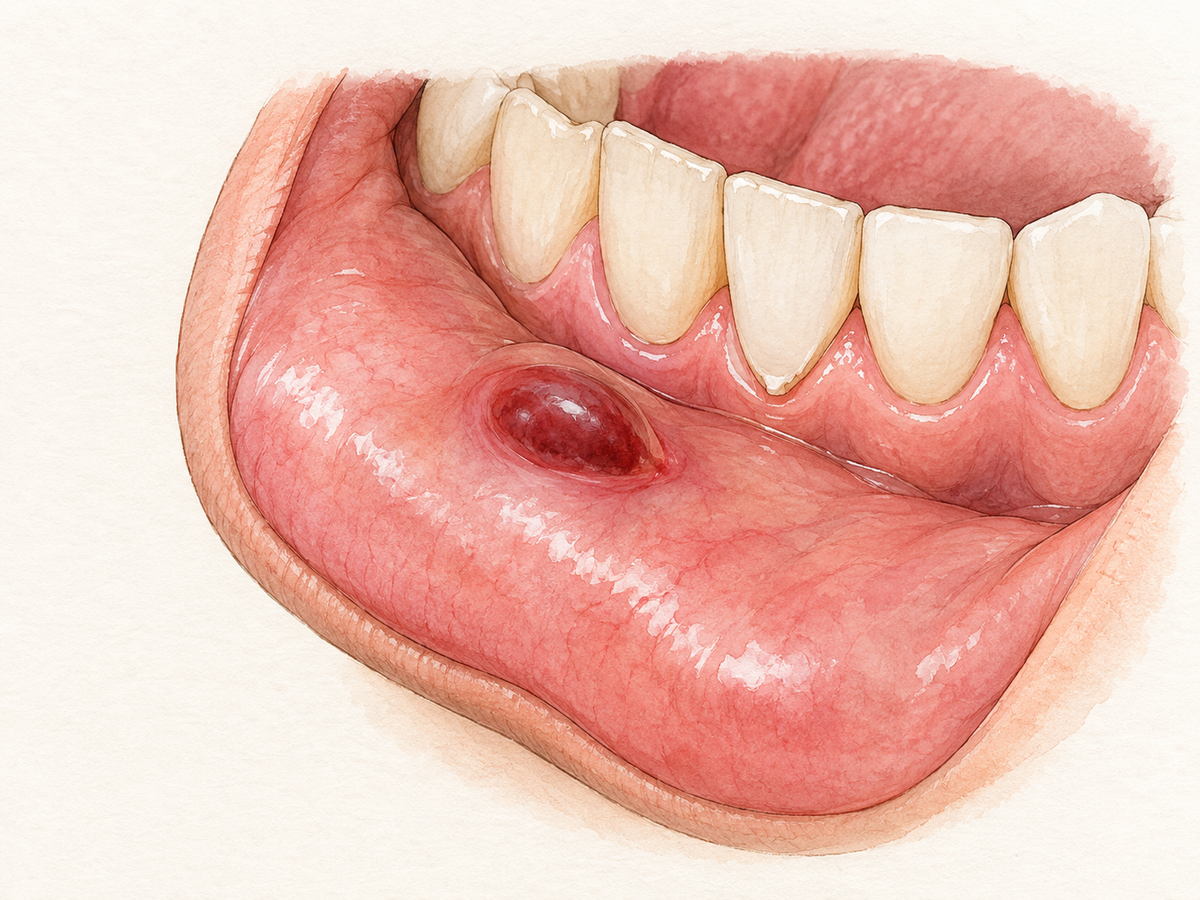 Cross-section of the inner lip shows a small, intact blood blister beneath the oral mucosa, with a nearby sharp tooth edge that may be rubbing the area. Healthy gum and enamel are visible.