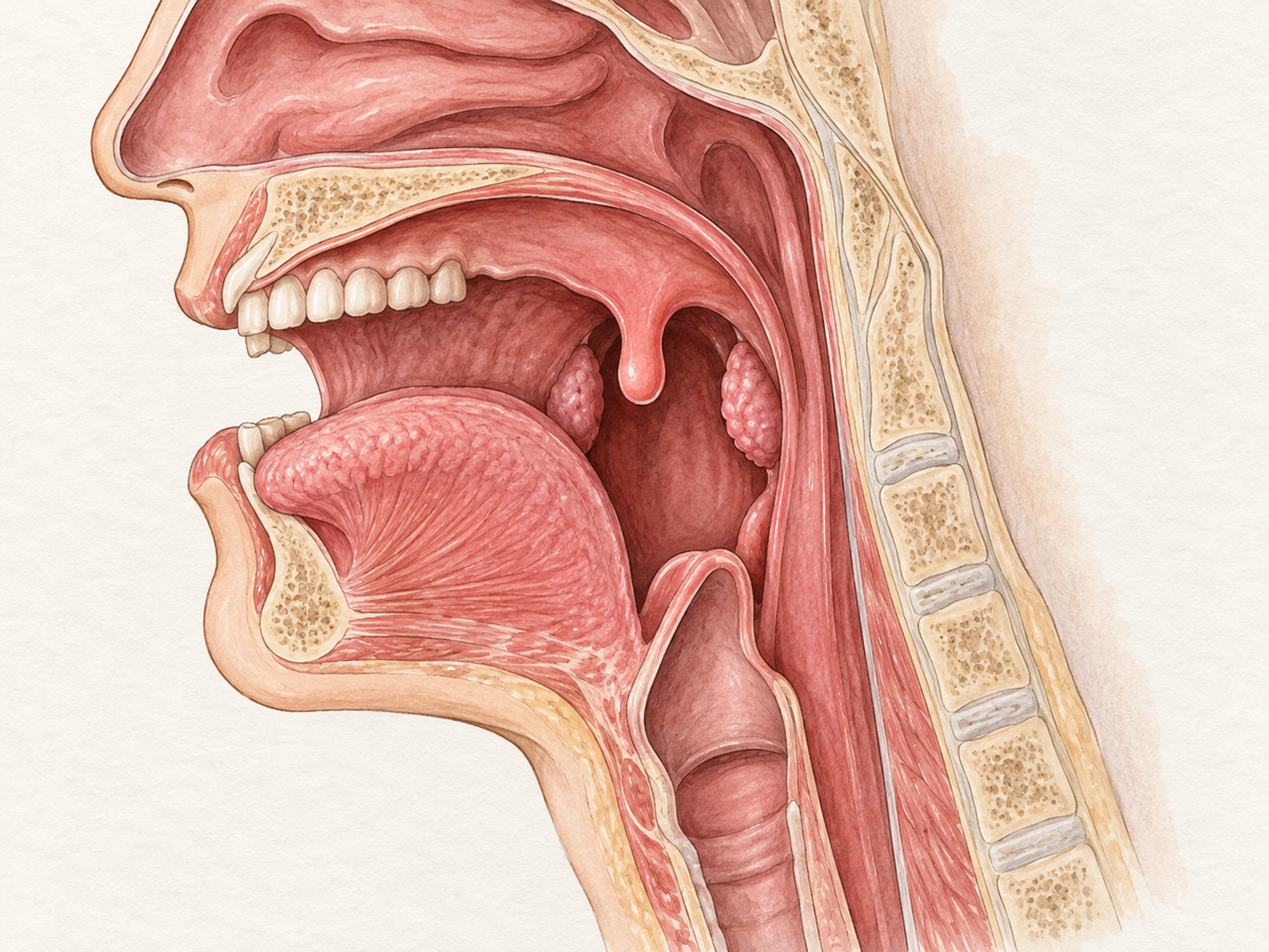 Anatomical cutaway of the human throat showing the teardrop-shaped uvula hanging from the soft palate between the tonsils, with the epiglottis and pharynx nearby, illustrating the uvula's location and role in swallowing and speech.
