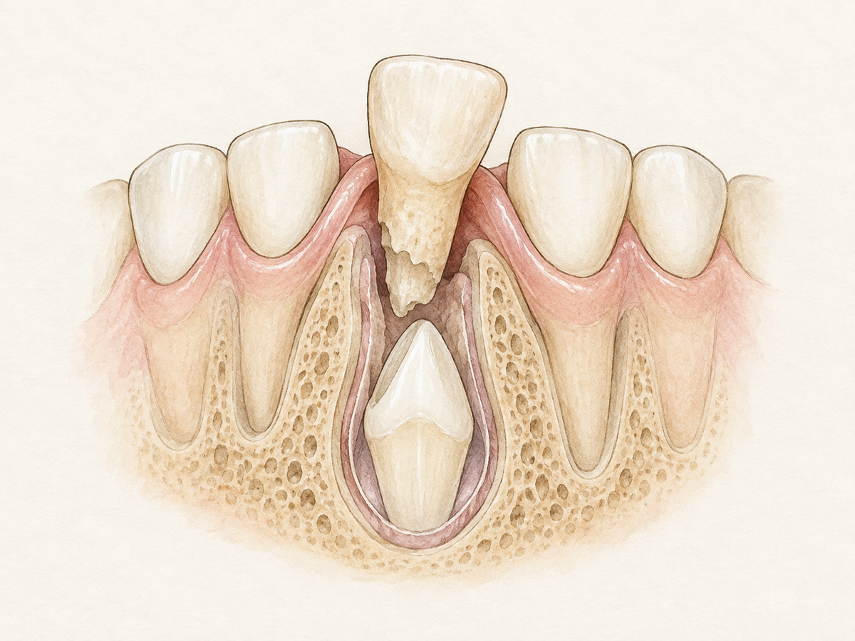 An anatomical cross-section of a child's jaw shows a lower front baby tooth loosening as its root dissolves, with the permanent tooth developing beneath the gum. It illustrates the natural tooth-loss process that inspires tooth-fairy traditions.