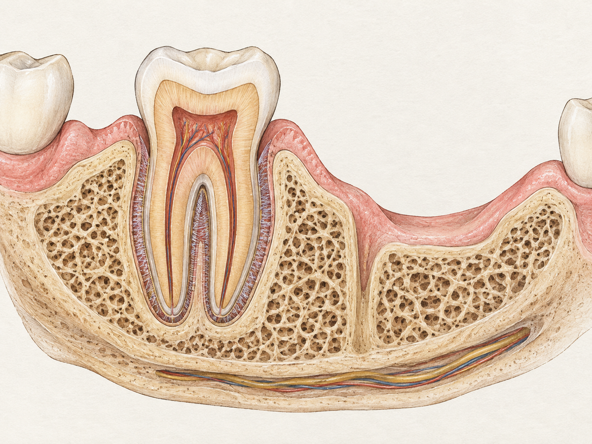 Cross-section of the jaw showing a healthy tooth anchored in its socket by periodontal ligament fibers and the layered alveolar bone, beside a lower, narrower edentulous ridge that illustrates bone shrinkage after tooth loss.