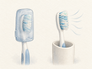Two toothbrushes compared: one with its brush head sealed inside a closed plastic cap where moisture collects around the bristles, the other standing upright uncovered in an open holder so the bristles can air-dry.