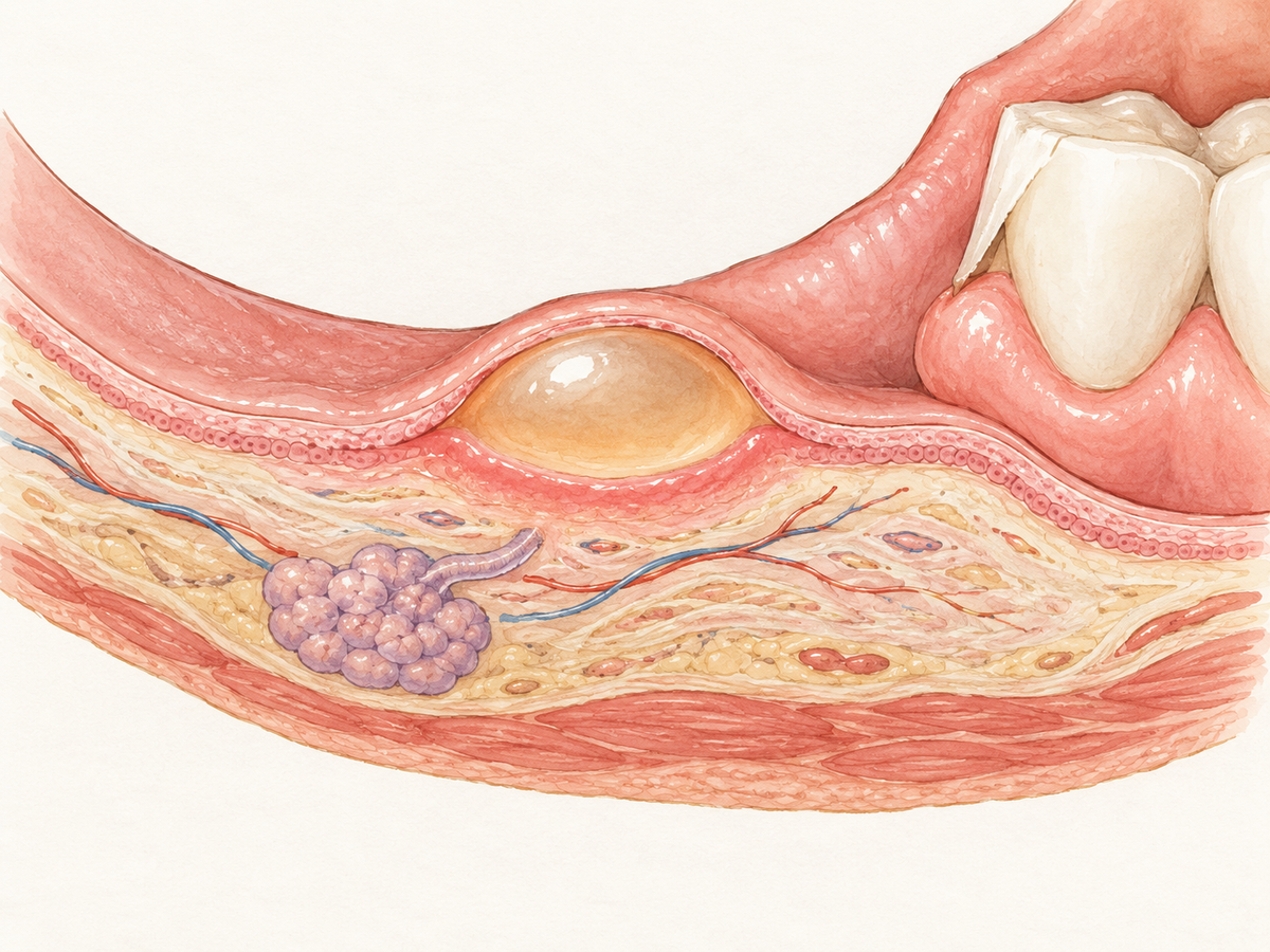 A cross-section of the inner lip shows a fluid-filled blister raising the oral mucosa, with underlying capillaries and a nearby tooth edge, illustrating how irritation or injury can lead to mouth blisters.